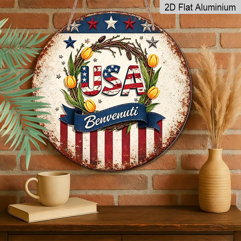 2D Flat - 1pc Aluminum Round Decor, Vintage American Flag & Tulip Wreath Design, Decorative Sign, "USA Benvenuti" Patriotic Metal Wall Art