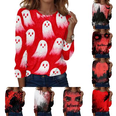 Women's Casual Long Sleeve Round Neck Halloween Print T-Shirt for Fall Holiday Wear