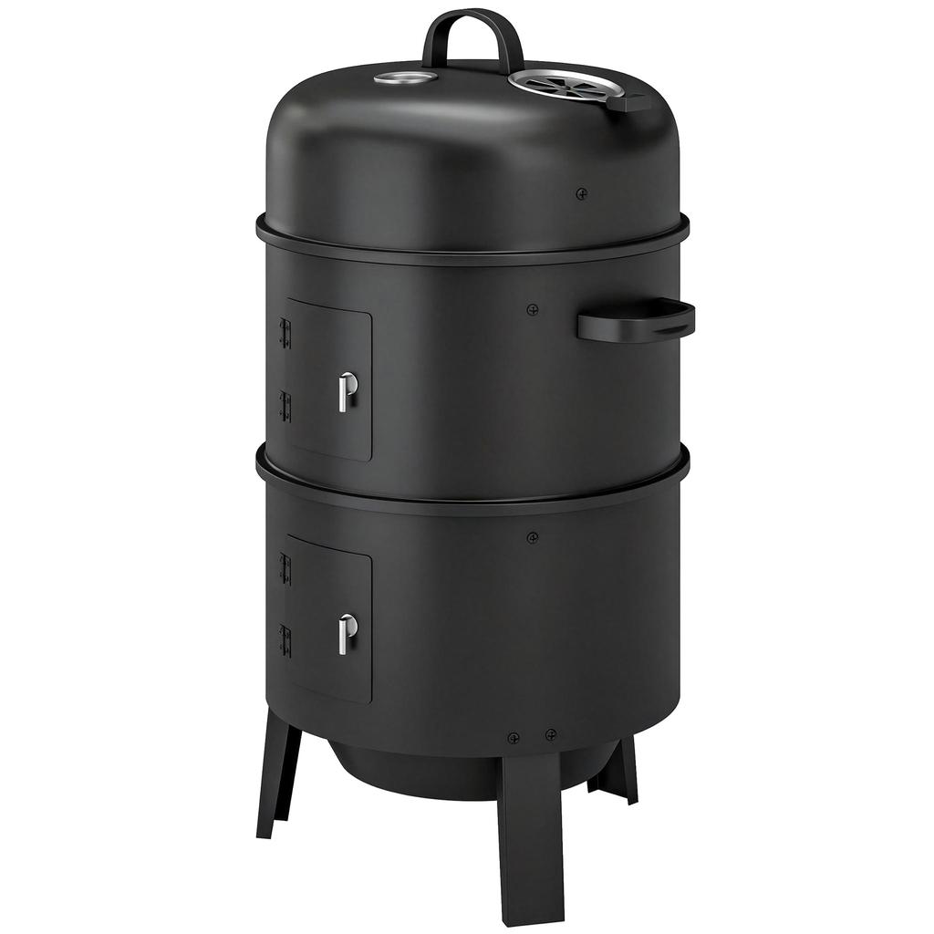 3-in-1 Vertical Charcoal Smoker with 2 Grill Grates, Built-in Thermometer, Adjustable Vent, 2 Doors