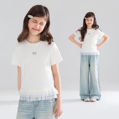 Girls' Cooling Modal Bowknot Lace-Trim Short Sleeve T-Shirt