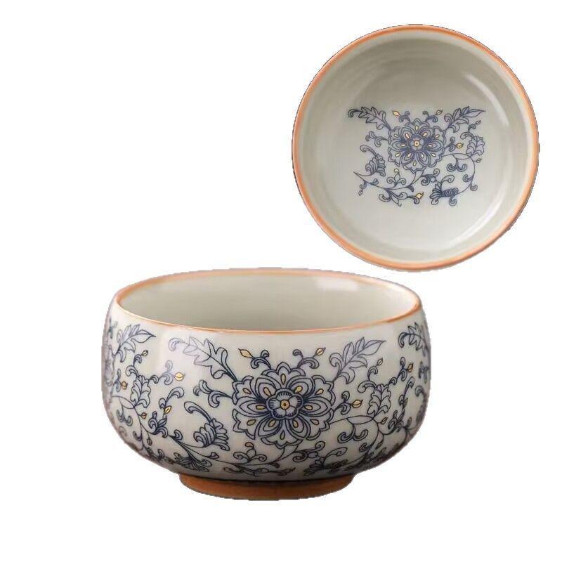 Ru Kiln Twisted Branch Lotus Teacup Master Cup Old Clay Crack Glaze High-End Atmospheric Teacup Painted Blue And White Arhat Cup