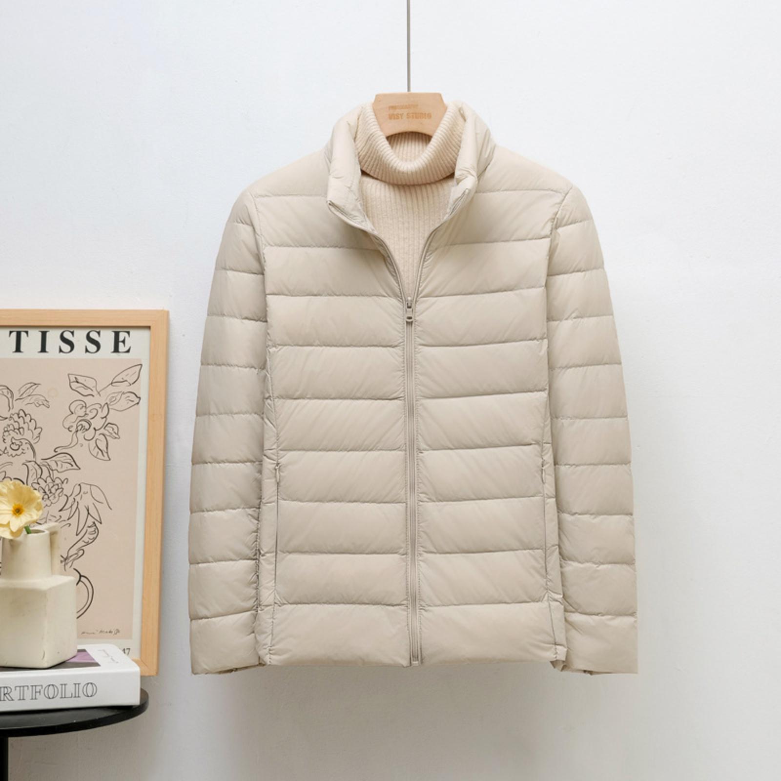 Women s Lightweight Down Jacket — Korean , Stand Collar, Cropped Length L бежевый