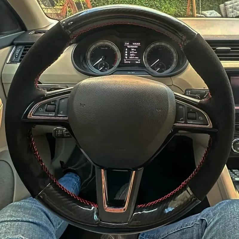 

Anti-Slip Suede Leather Braid Car Steering Wheel Cover 100% Fit For Skoda Octavia Fabia Rapid Spaceback Superb 3-Spoke Red Thread