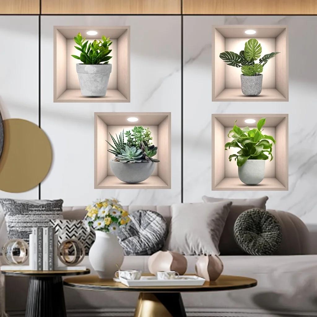 4 stk Plantedekor Klistremerker, PVC Veggklistremerker For Stue, Soverom, Kontor, Selvklebende Hjemmedekor Klistremerker