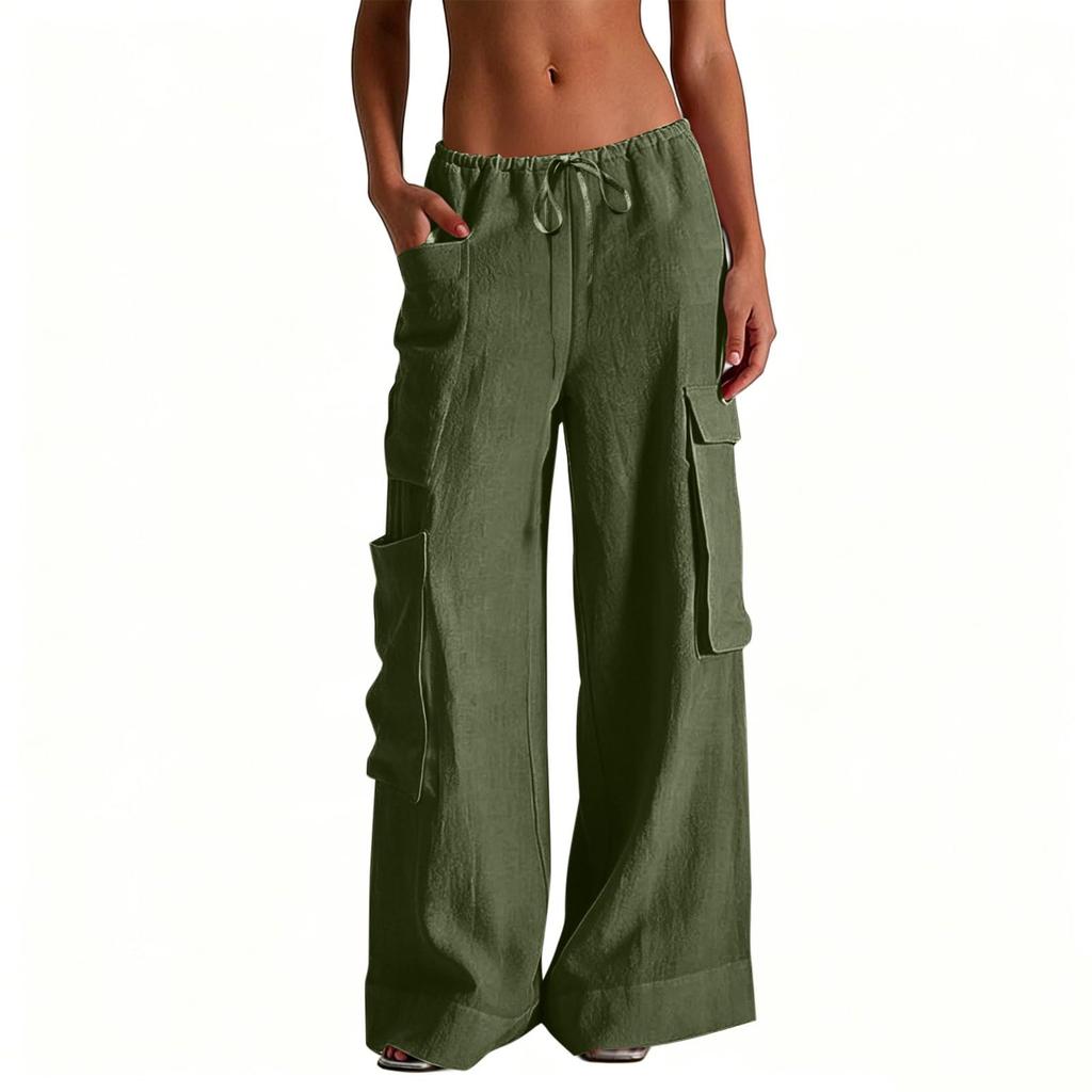 Pantaloni da Donna Casual a Vita Alta a Gamba Larga per Vacanze al Mare con Tasche
