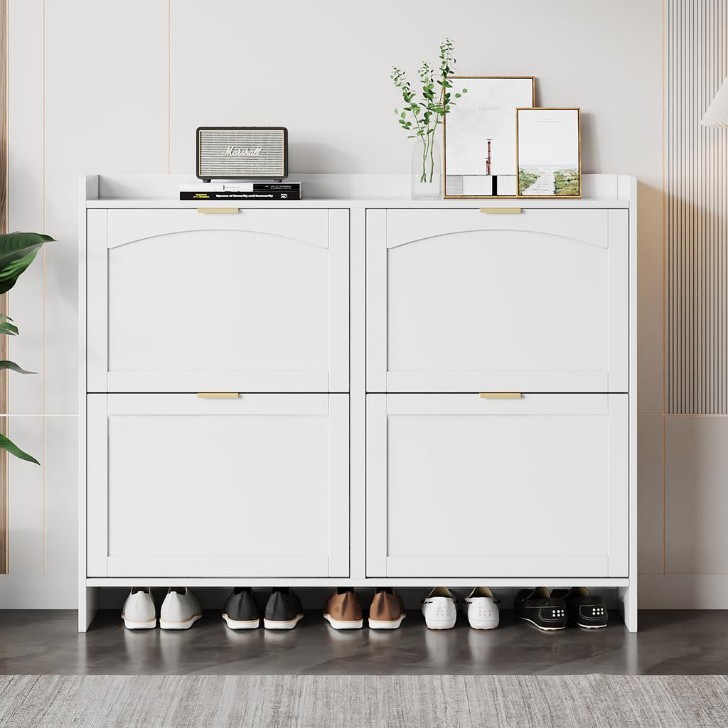Modern Shoe Cabinet, with 4 Flap Compartments, Open Shelves, for Entrance Area or Hallway, White, Dimensions: W110/H90/D24 cm(OLD SKU:N657P201550W)