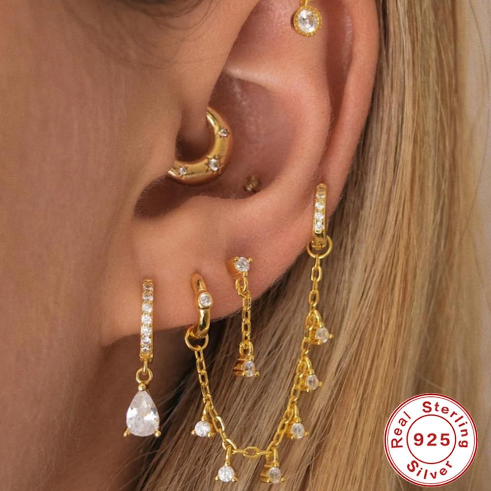 S925 Sterling Silver Fashion Personality Simple Versatile Chain Pendant Cartilage Chain Perforated Fashion Matching Earrings