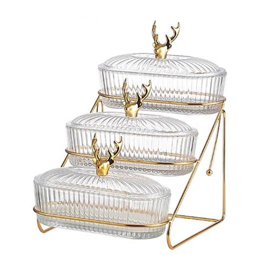 3-Tier Dried Fruit Display Tray with Nut Stand Stylish Elk Lid Sturdy Plastic Iron Frame