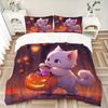 3pcs White Cat Holding Pumpkin Lantern Quilt Cover Set - Soft & Comfortable Polyester Fabric, All-Season Breathable Comforter Set For 1 Quilt Cov