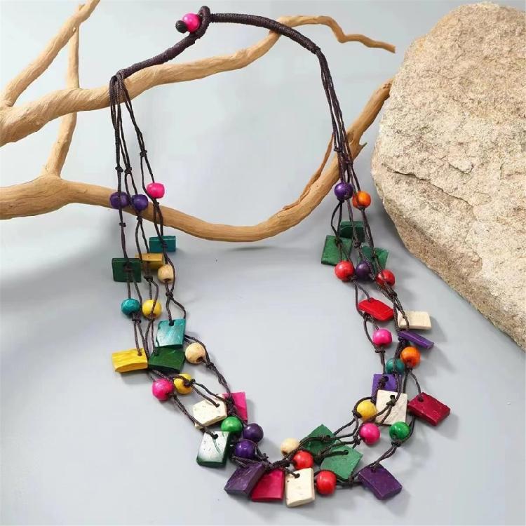 Trendy Bohemian Necklace with Coconut Shell and Wood Beads Colorful Designs for a Unique Fashion Statement Pieces