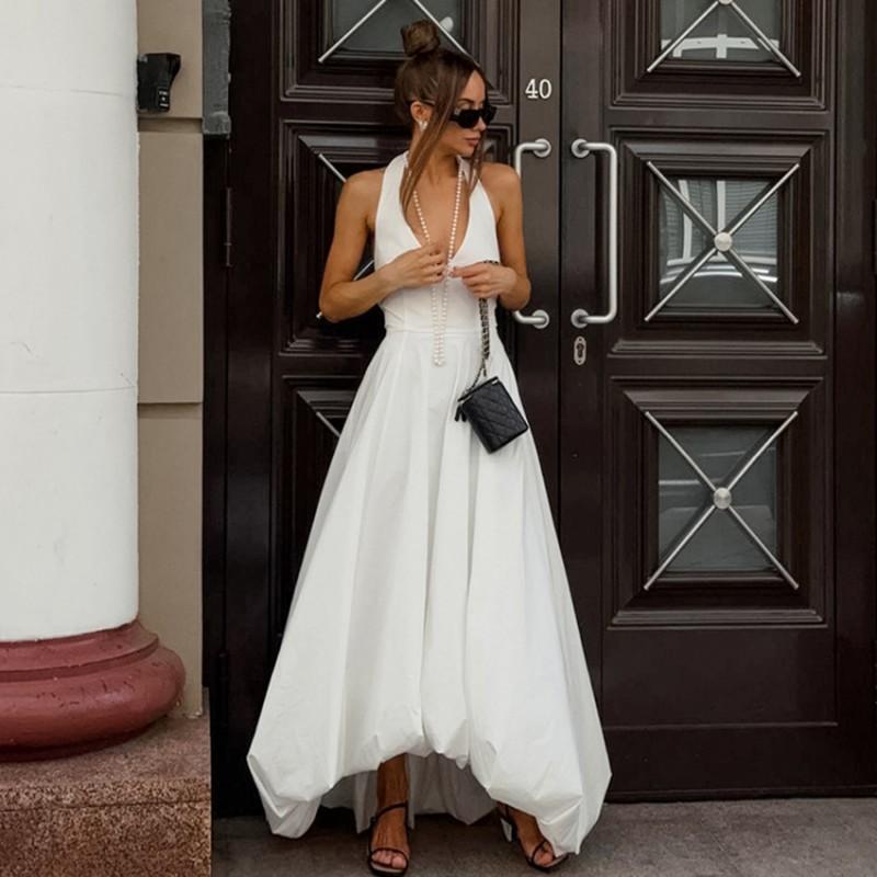 White Halter Neck A-Line Maxi Dress Women Elegant Party Cocktail