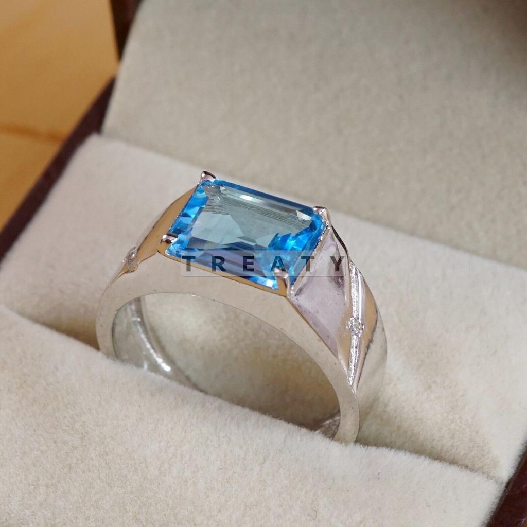 Blue Topaz Emerald Cut Gemstone With 925 Sterling Silver Ring For Men's #B740 JL375692829771