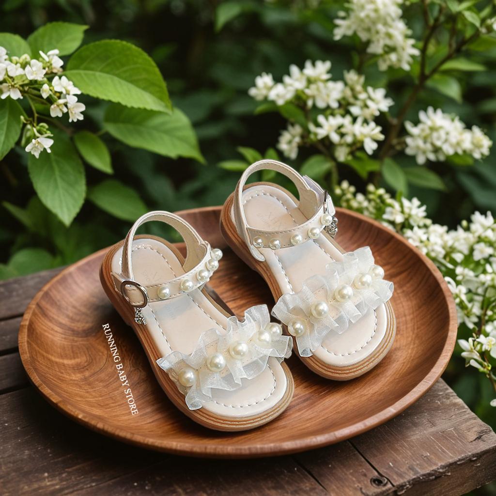 

New Elegant Girl Sandals Children Lace Pleated Princess Dress Sandals Summer Fashion Kids Pearl Flat Open-toe Sandals I03061 22 бежевый