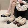 Women's Furry Lambwool Mary Jane Shoes Autumn Winter Keep Warm Plush Women's Thick Heel Shoes  Elegant Square Toe Leather Shoes