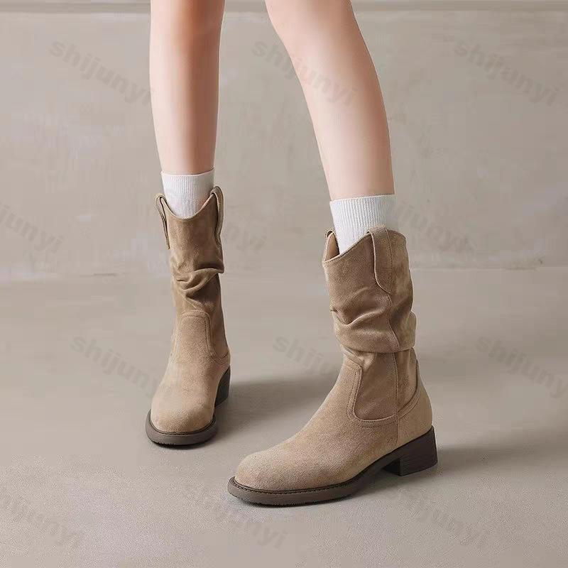 Fashion Vintage Women Cowboy Boots Autumn Winter Outdoor Non Slip Height Increase Shoes Comfortable Fashionable Platform Mid Calf Boots