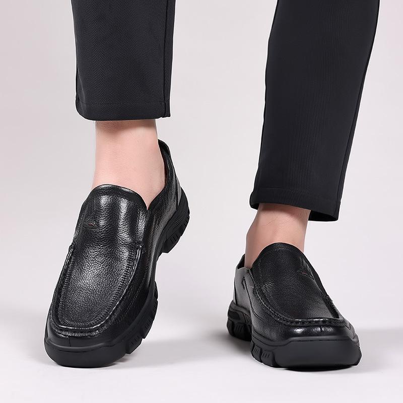 Spring Top Layer Cowhide Men's Shoes Men's Casual Slip-on Leather Shoes Men's Thick-soled Single Shoes Middle-aged Dad Slip-on Shoes