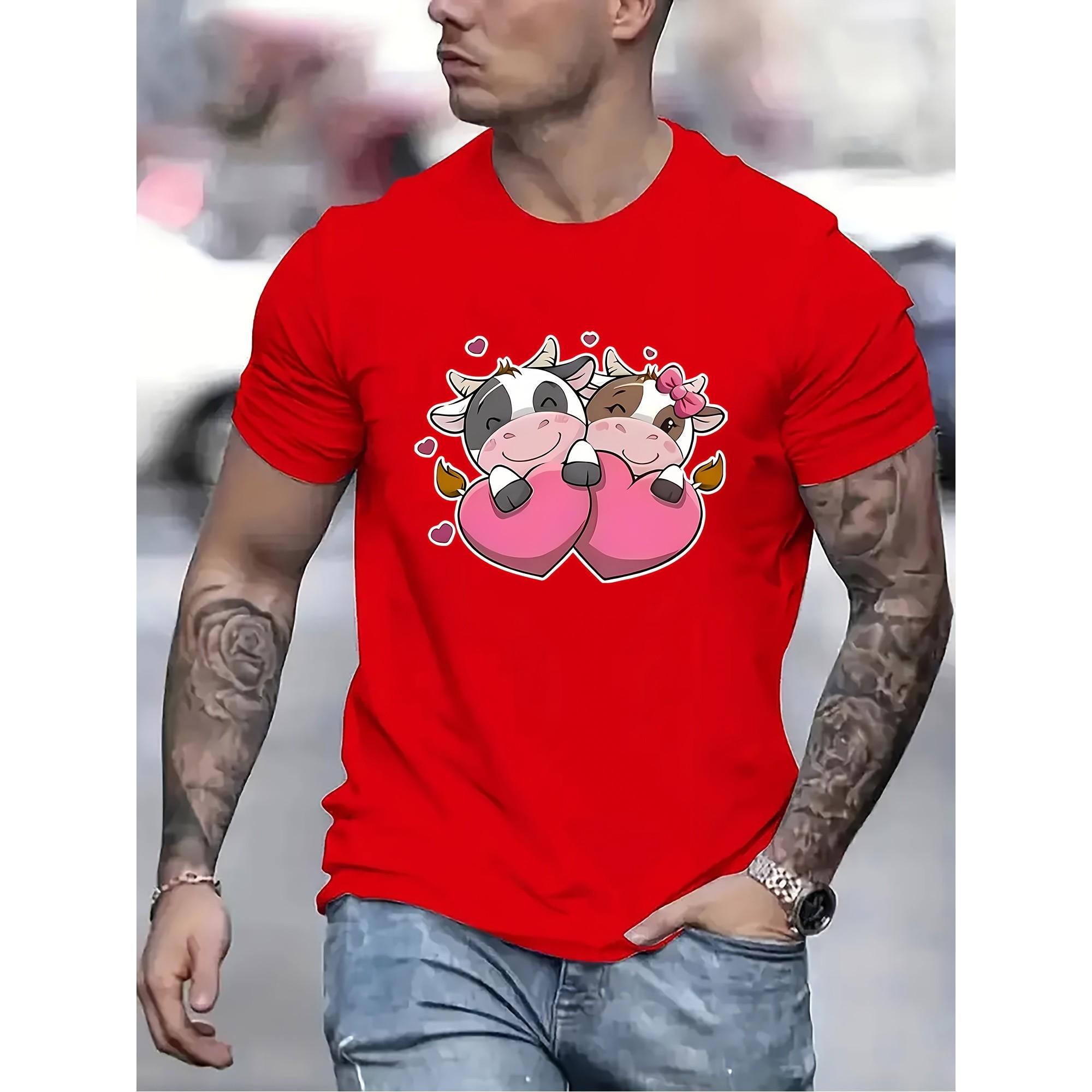 

Cute Couple Cows Heart Graphic Men s Casual T-Shirt Short Sleeve Round Neck Tee Breathable Trip - Men s Summer Cotton Graphic... S разноцветный
