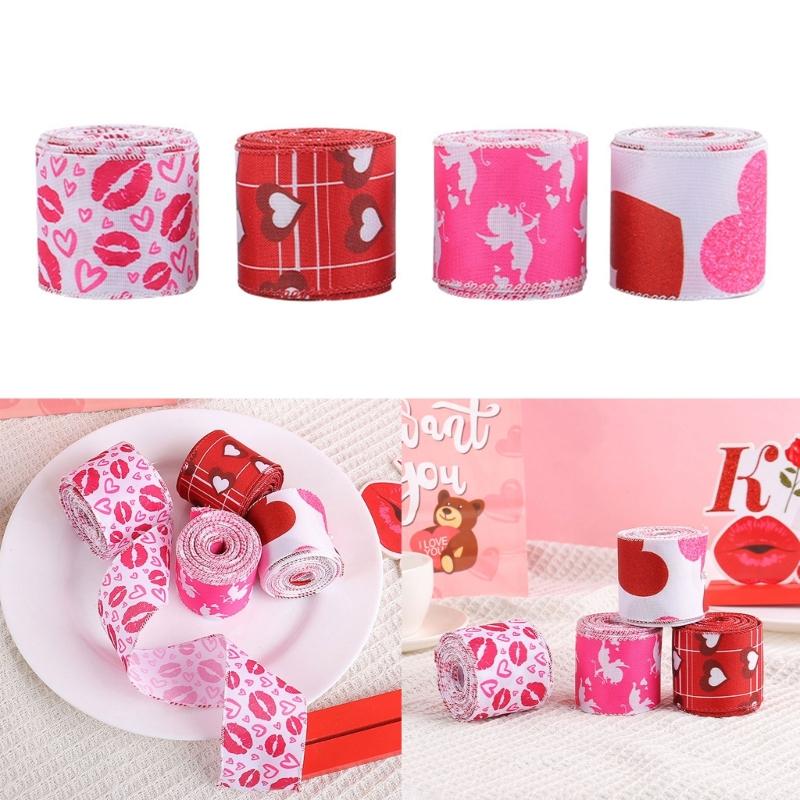4 Rolls 5cm Valentines Day Wire Ribbon Gift Wrapping Ribbons for Wedding Wreath Hair Bows DIY Crafts with Heart Pattern