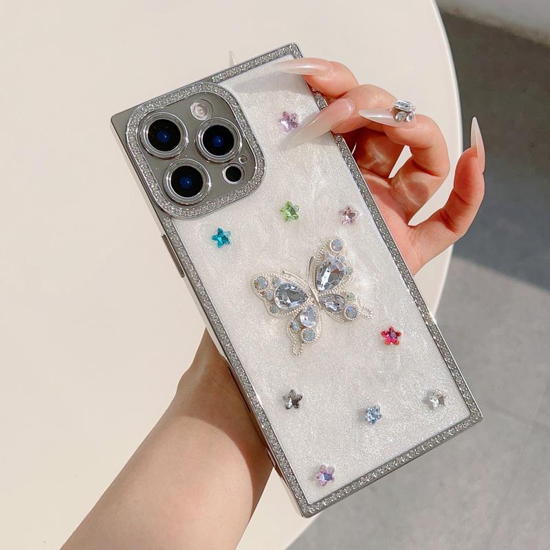 Bowknot Butterfly Decoration Drip Glue Case For iPhone 16 Pro Max 15 Pro 14 13 Square Glitter Plating Shockproof Soft Phone Cover