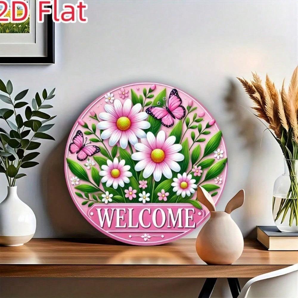 Pink Daisy Butterfly Round Metal Wall Art Decor 8x8 Farmhouse Garden Hanging Plaque
