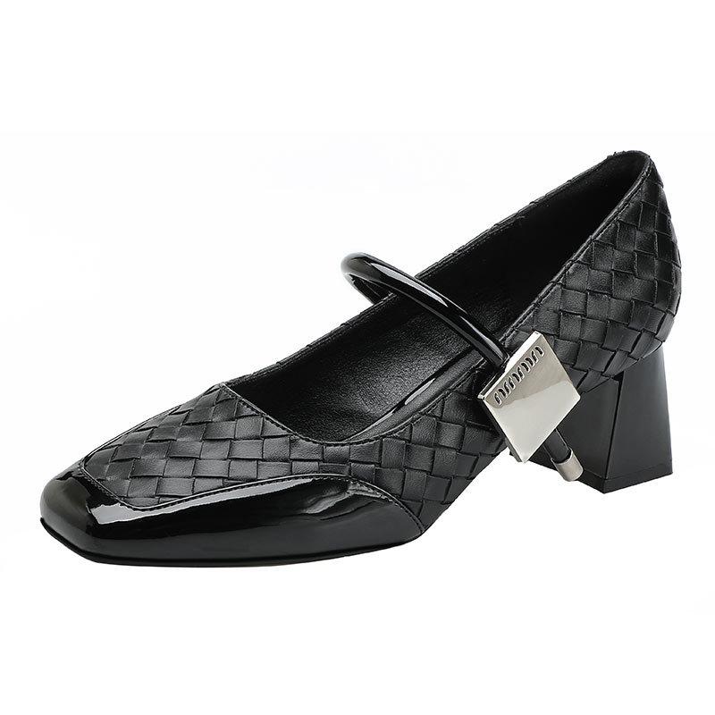 Mary Jane shoes women's middle heel new square head single shoes splicing retro magic buckle word with thick heel high heels