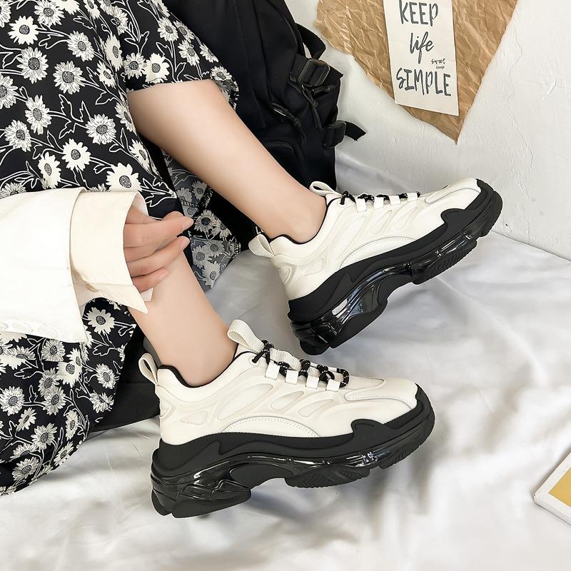 Spring New Fashion Leather Daddy Shoes Women's Waffles Platform Student Casual Sneakers