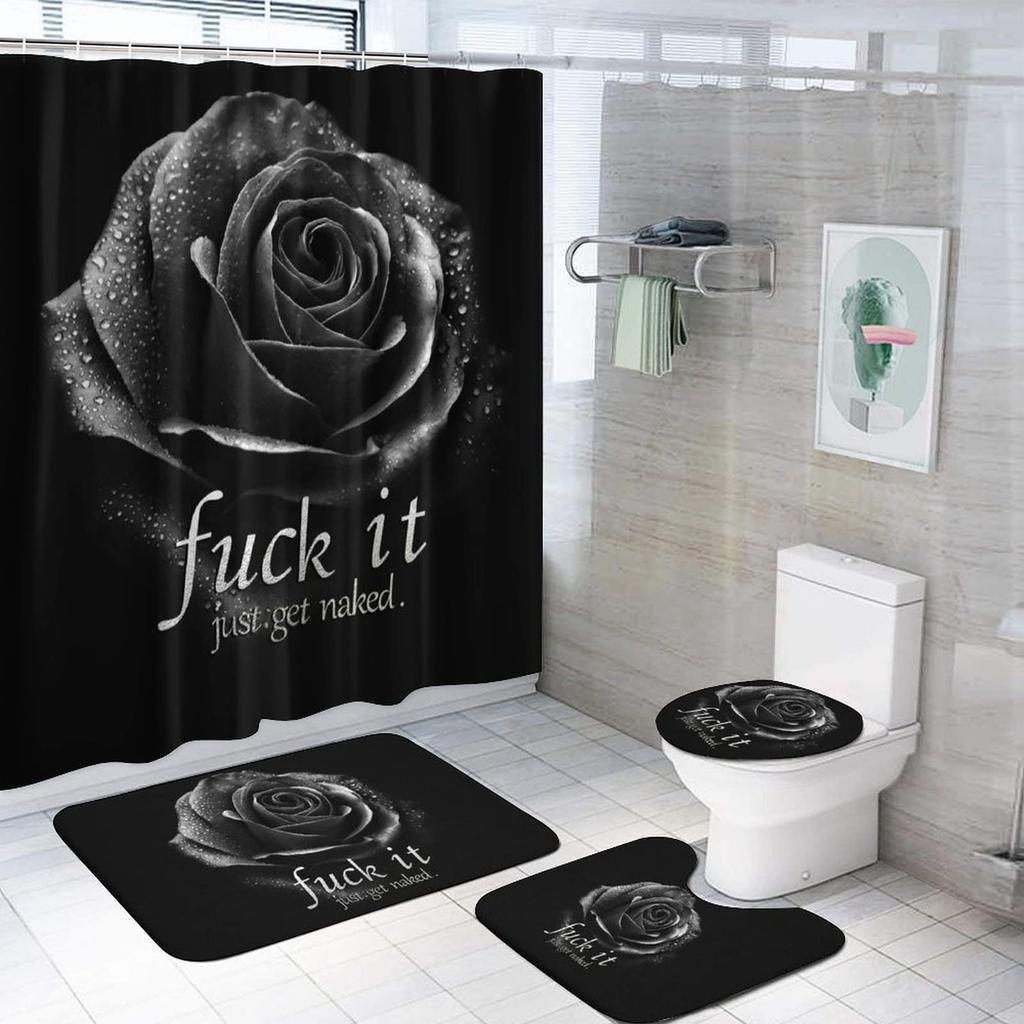 Set Tenda da Doccia da 4 Pezzi con Tappetino Antiscivolo per Bagno, Copriwater, Tappeto Sagomato e 12 Ganci, Bagno