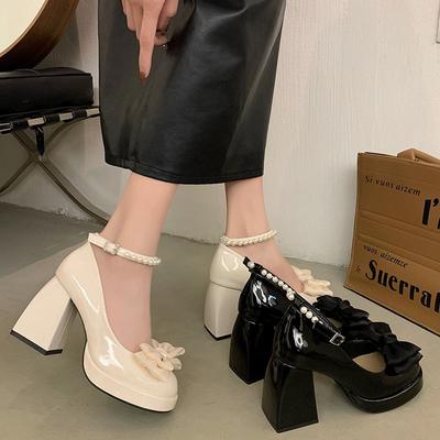 Scarpe da Donna Fad Mary Jane in Pelle Suole Spesse Aumentano l'Altezza Scarpe Lolita Eleganti Décolleté con Fiocco Scarpe da Donna per Banchetti e Feste Tacchi