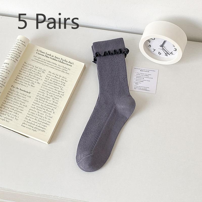 5 Pairs of Women's Spring and Summer Breathable and Versatile Black Fungus Flanged Long Tube Stack Socks