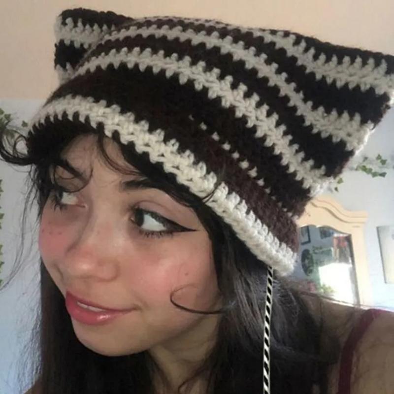 Japanese Streetwear Harajuku Beanie Hat Little Devil Striped Knitted Hat ForWomen Girls Autumn Winter Cute Cat Ears Cap