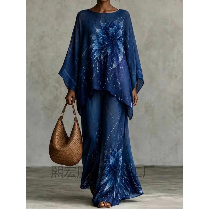 European and American loose bat sleeve top + wide-leg trousers set 1116 European and American women's clothing two-piece set