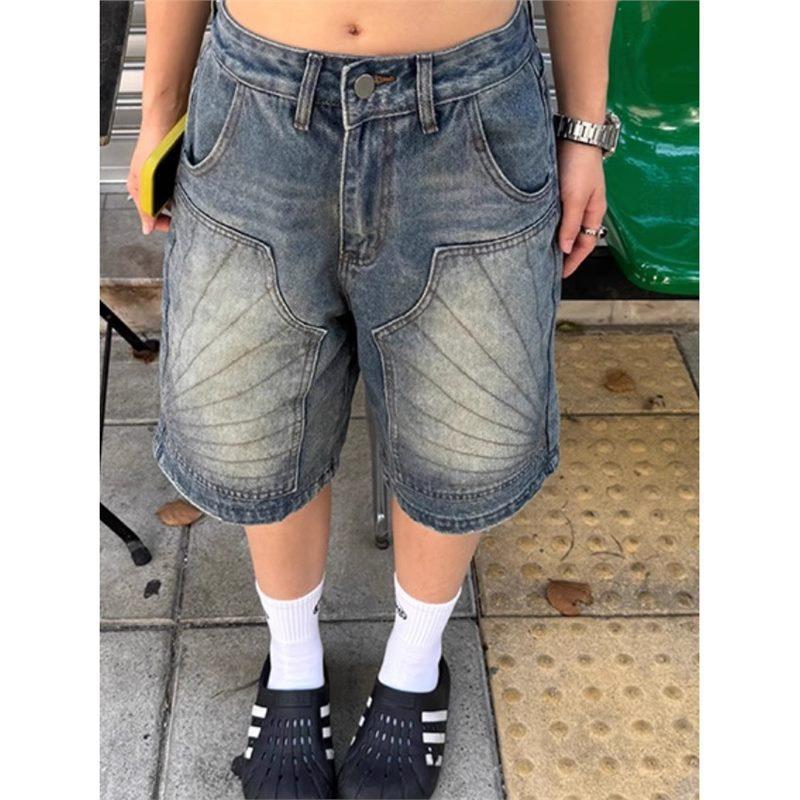 American retro washed design straight five-point jeans men's and women's summer trendy brand old loose casual shorts