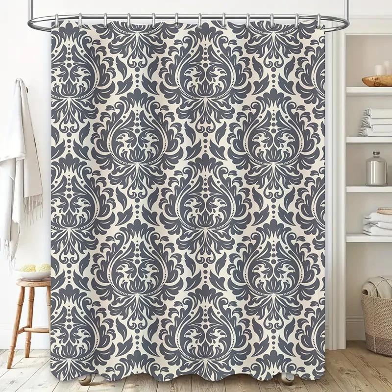 Classy Damask Shower Curtain Dark Grey White Pattern for Bathroom Decor Waterproof Fabric Shower Panels with Rings Set