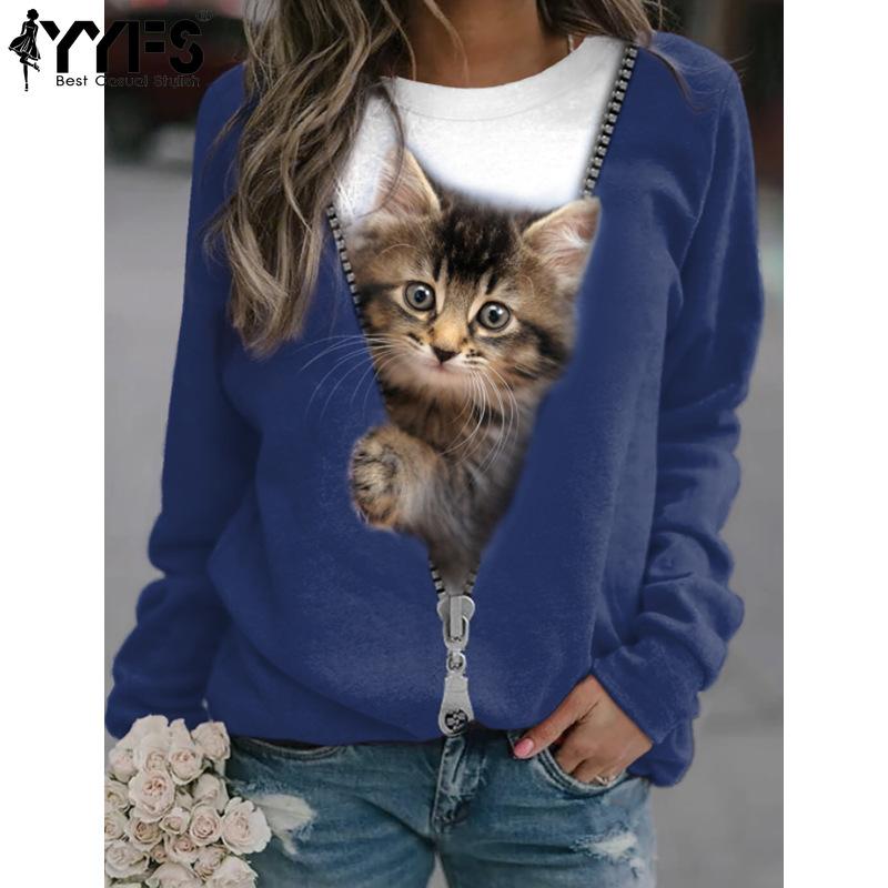 

YYFS женские модные повседневные весенне-осенние пуловеры с круглым вырезом и длинными рукавами с принтом кошки и длинными рукавами