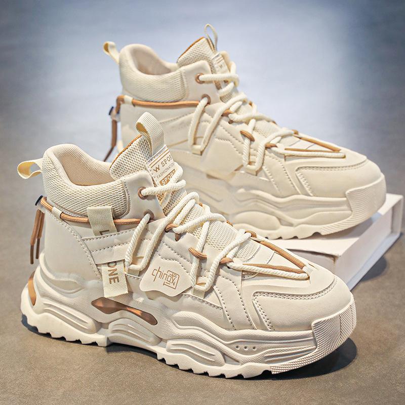 High-top winter new niche original sports and leisure students thick-soled heightening leather dad shoes