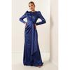 Front Pleat Detailed Lined Long Sleeve Satin Long Dress