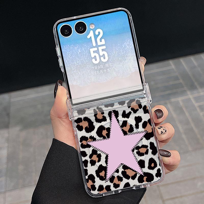 With Hinge Magnetic Phone Case For Samsung Z Flip 8 7 FE 6 5 4 Creative Leopard Print Hard Folding Phone Cover For Galaxy Z Flip8 Flip7 Flip6