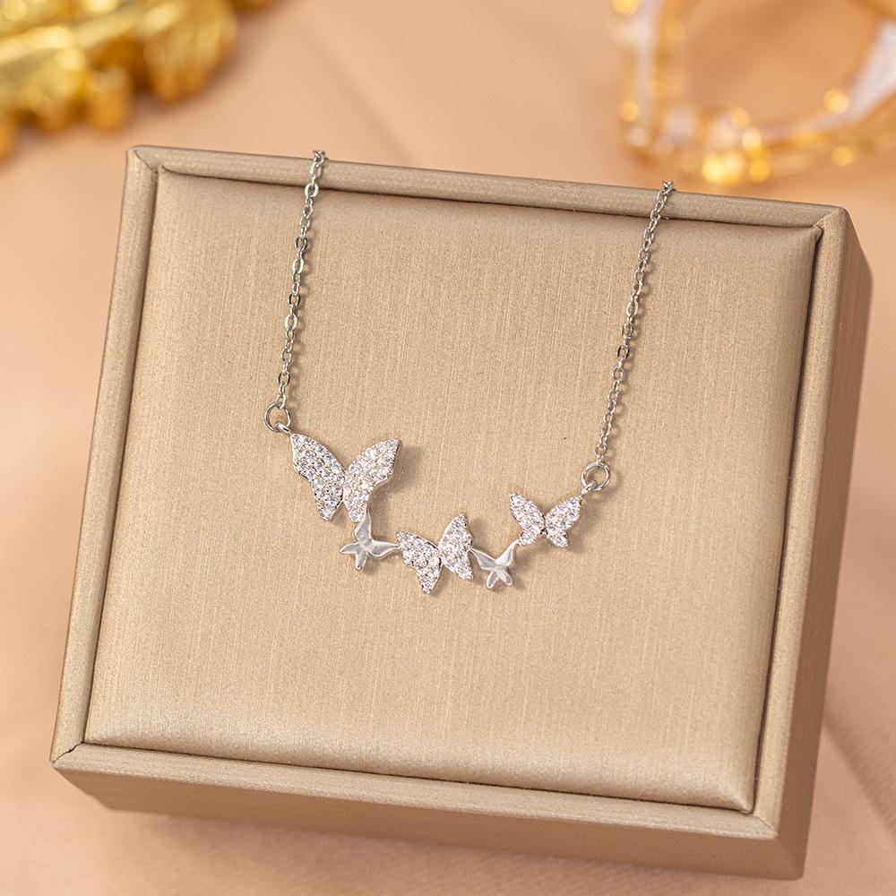Viral Copper CZ Full Diamond Butterfly Necklace Women Elegant Versatile Tarnish-Free Clavicle Chain Fashion Jewelry