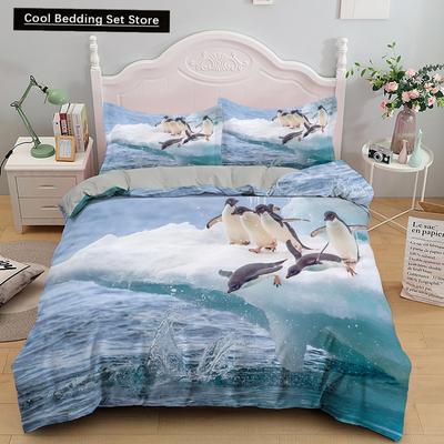 Penguin King Queen Duvet Cover Lovely Black White Antarctic Animals Bedding Set for Kids Wildlife 2/3pcs Polyester Quilt Cover