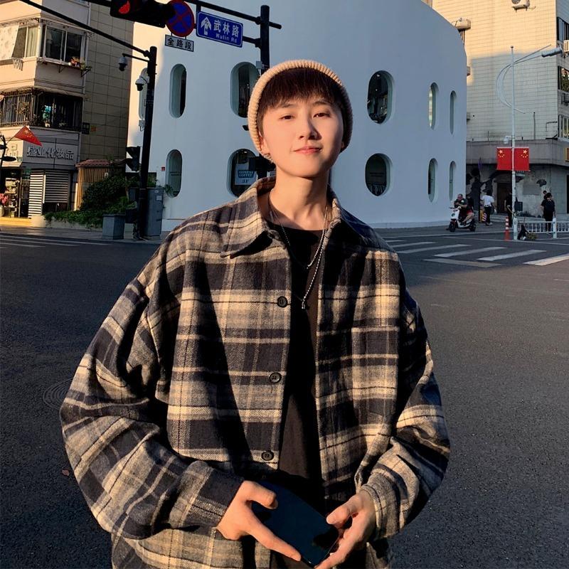Amerikansk Retro Rutig Skjorta Herr Höst Koreansk Stil Outfit Trendigt Märke Tonårspar Långärmad Skjortjacka