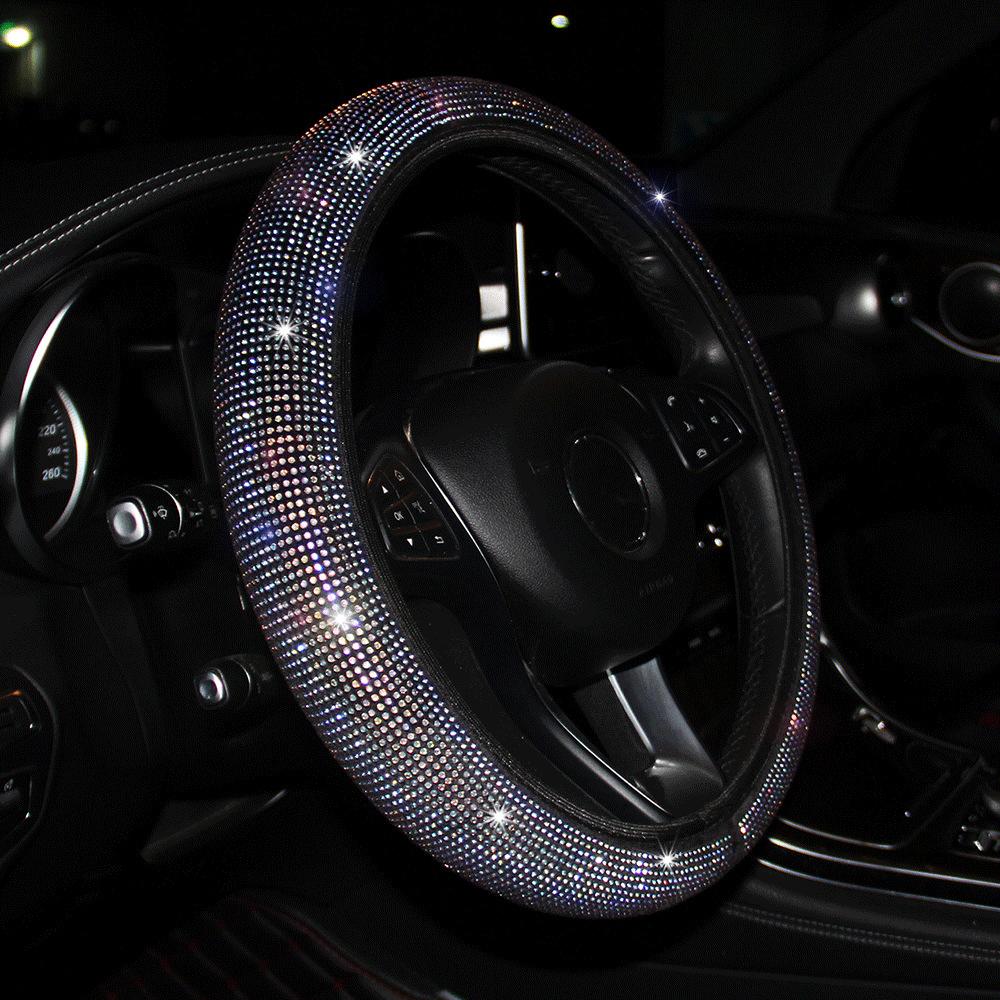 Car Rhinestones Steering Wheel Cover with Crystal Sparkling Car Suv Steering Wheel Protector 38cm