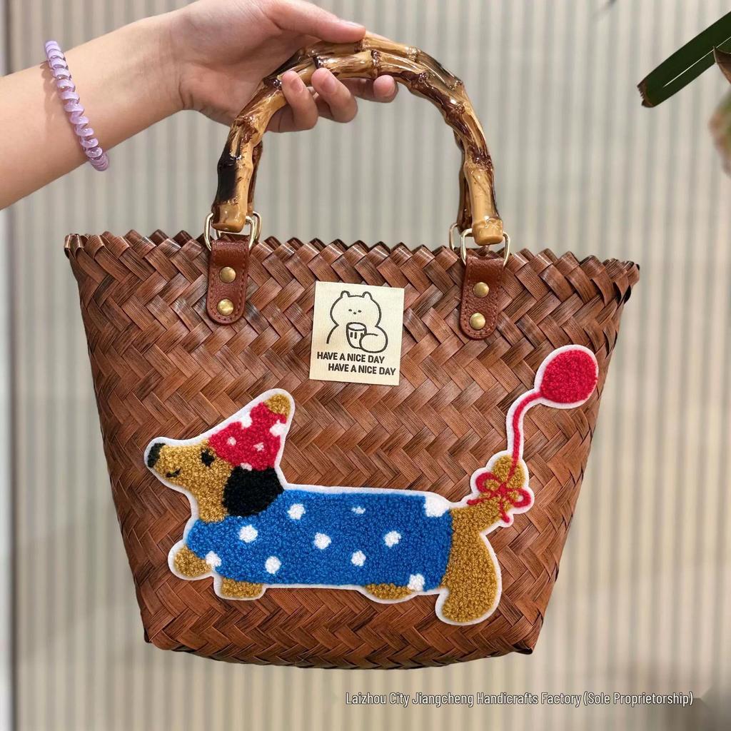 Elegant Handmade Bamboo Woven Tote – Stylish Rattan-Style Beach & Makeup Bag