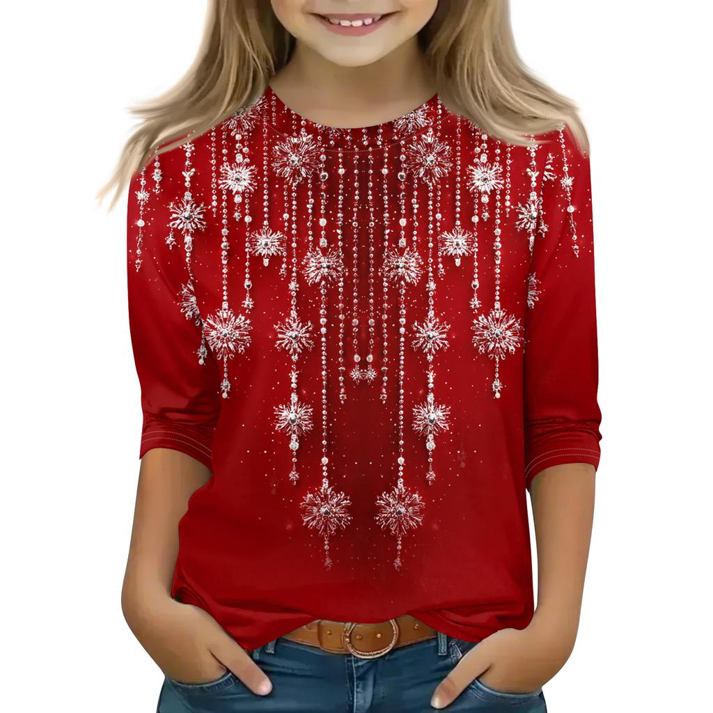 Christmas Day Print Tops For Youth Girls 5-16 Years Round Neck 3/4 Sleeves T-Shirts Trendy Tops Outfit Tees