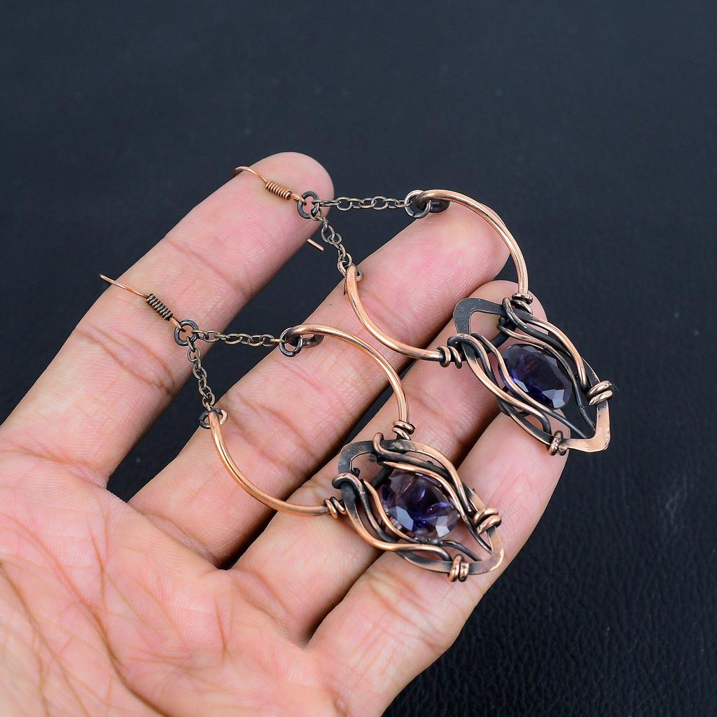 Amethyst Earrings Gemstone Jewelry, 999 Copper Wire Wrapped Earrings, Gift For Women Handmade Earrings