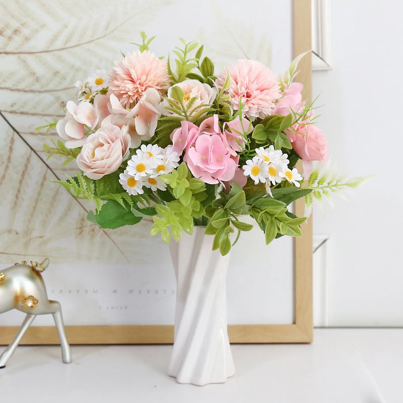 Multicolor Mixed Flower, Beautiful Pink Artificial Flower, Hydrangea Dandelion Silk, Fake Bouquet, Home Wedding Decoration, 1Pc