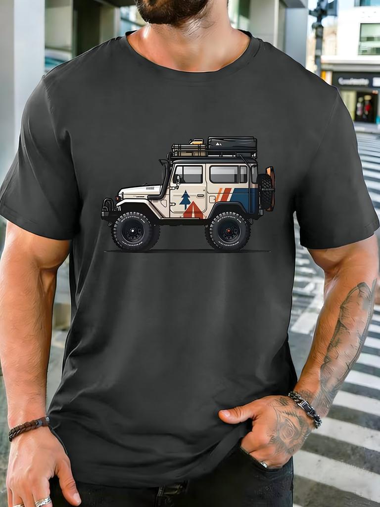 Unisex Red Tee Retro Outdoor Off Road Suv Car Graphic Print Short Sleeve Loose Casual Top For Adult Male Daily Street Wear Outfit