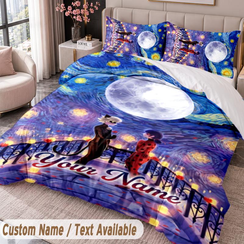 Custom Name Text 3Pcs Bedding Set Miraculous Ladybug Duvet Cover And Two Pillowcases