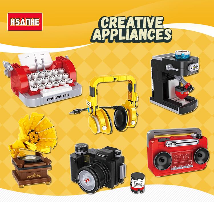 Vintage Mini Kávovar Sestavení Kamery Stavební Bloky Model Simulační Spotřebiče Rádio Psací Stroj Kostky Hračky Pro Děti