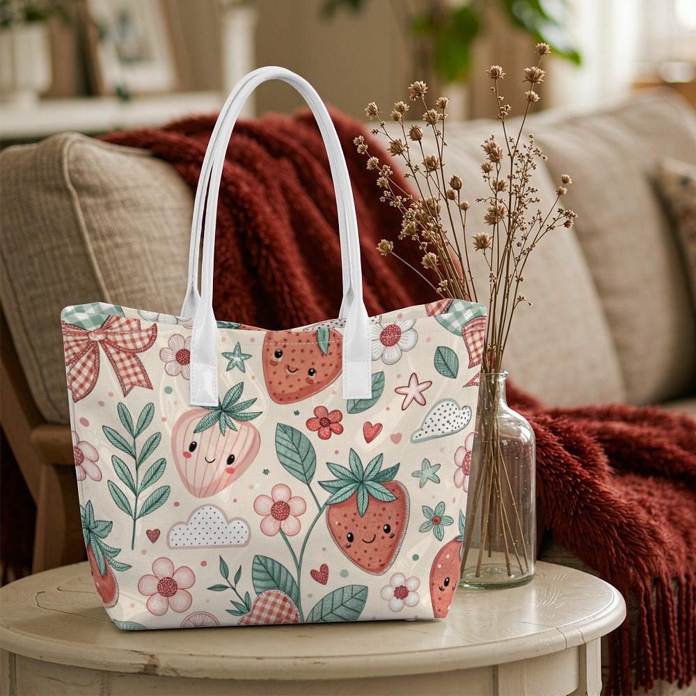 Cute Strawberry Printed Tote Bag Casual Daily Handbag for Women Lightweight Reusable Shopping Shoulder Bag for Outdoor Travel