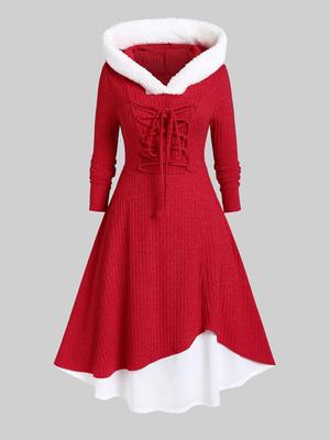 Rosegal Nadměrná velikost Pletené midi šaty s kapucí a lemováním ze syntetické kožešiny na šněrování